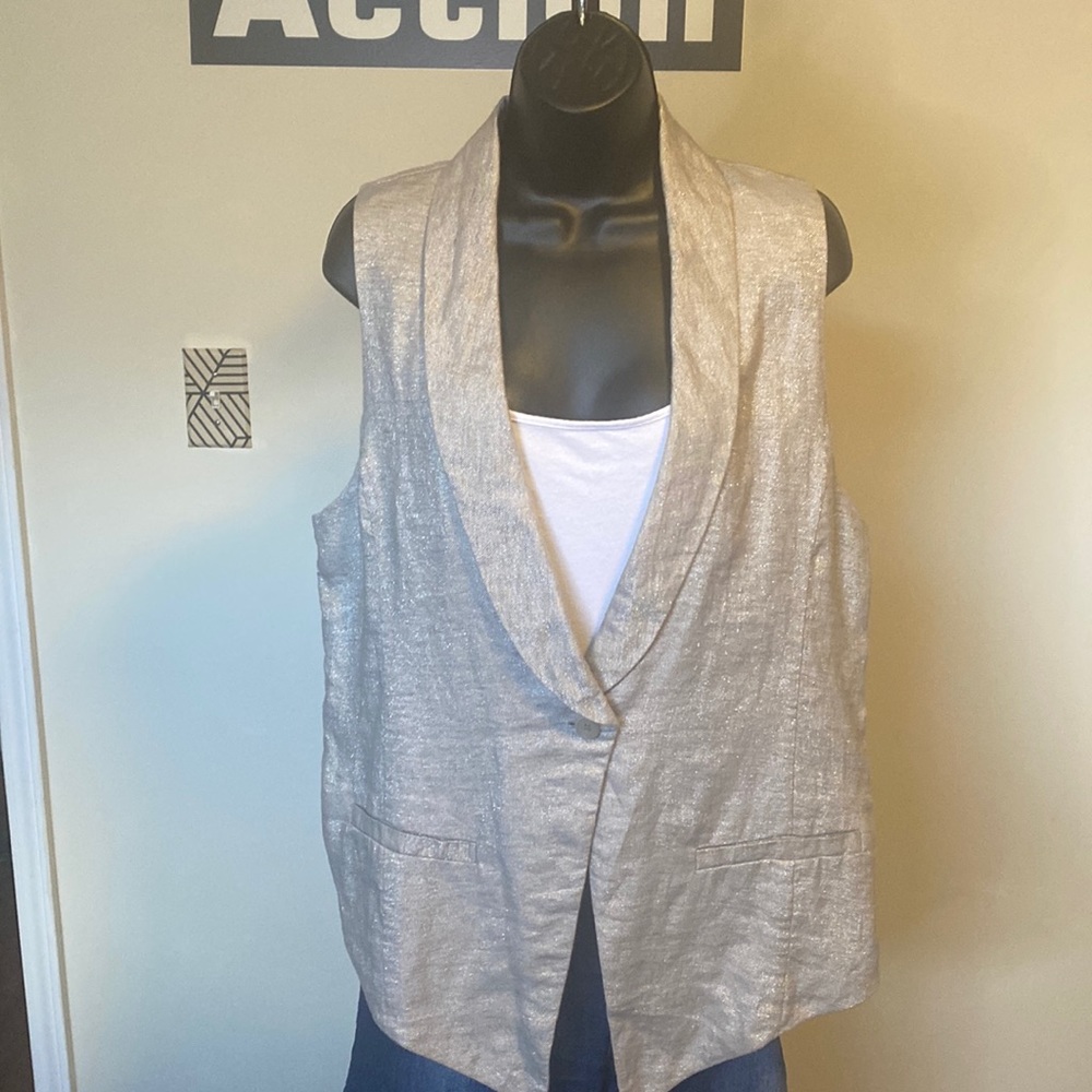 EILEEN FISHER GRAY TWINKLE LINEN WOVEN SHAWL COLLAR VEST - Picture 1 of 12